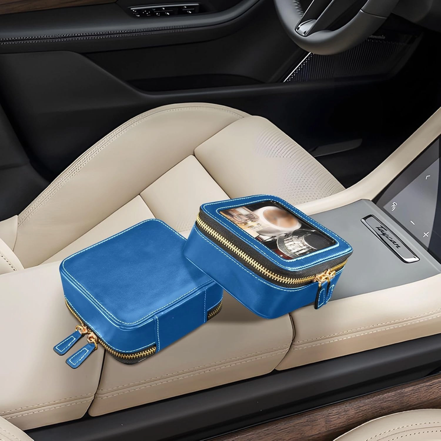 ODAWA Mineral Blue Clear Toiletry Bag Leather Organizer Bags Traveling Compact Car Bag for Essentials