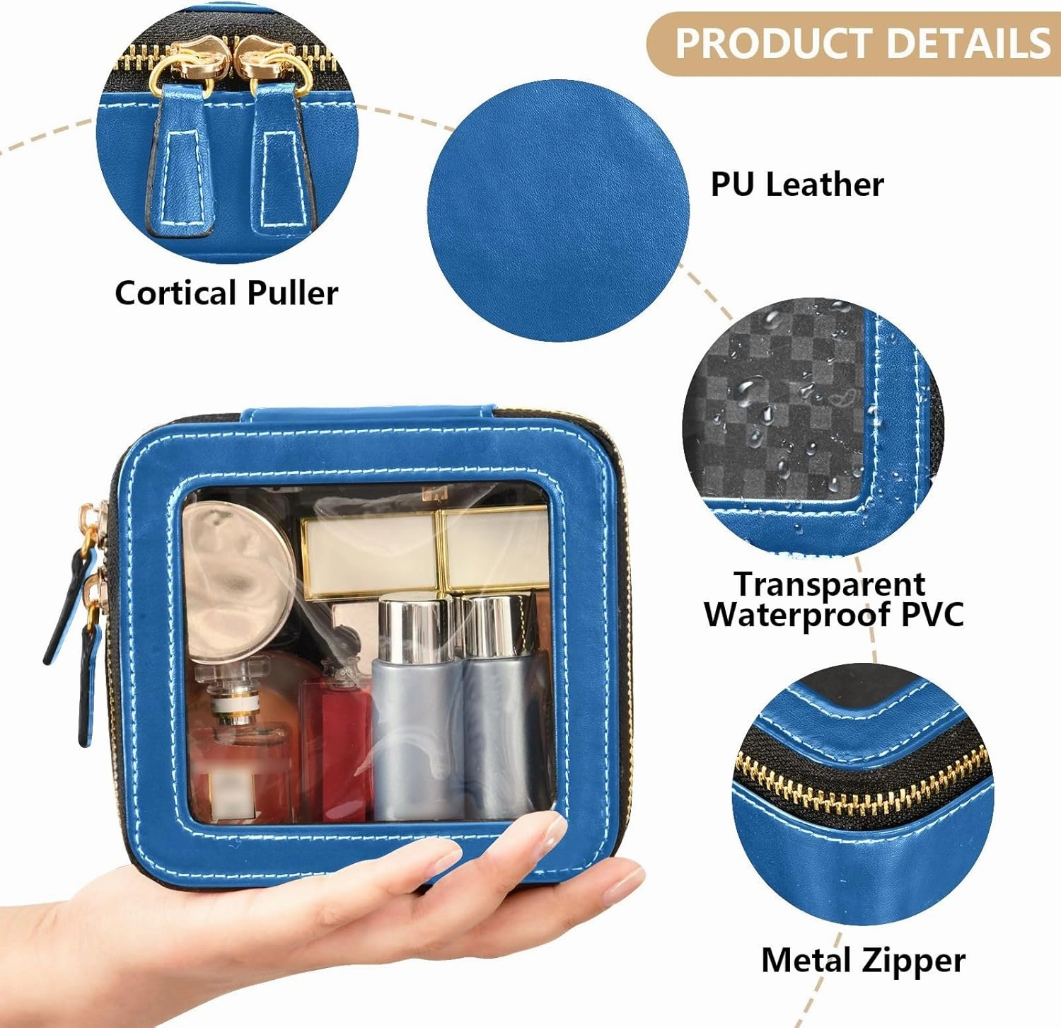 ODAWA Mineral Blue Clear Toiletry Bag Leather Organizer Bags Traveling Compact Car Bag for Essentials