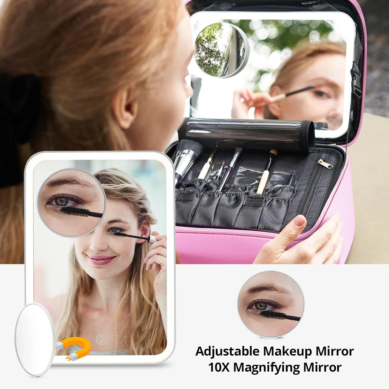 Omobolanle Makeup Bag with Mirror Led Light Detachable Portable Make up Travel Train Case with Adjustable Dividers and 10x Magnifying Mirror Pink