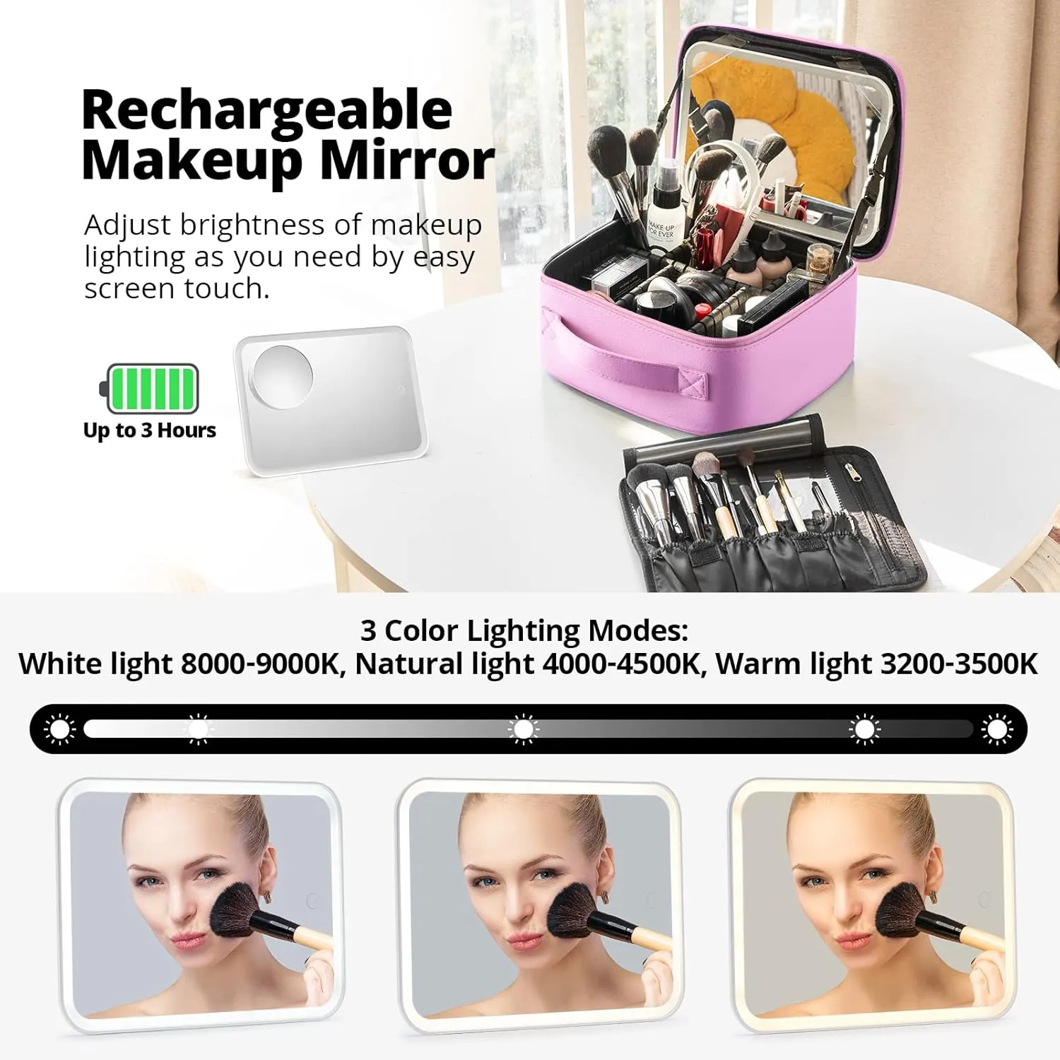 Omobolanle Makeup Bag with Mirror Led Light Detachable Portable Make up Travel Train Case with Adjustable Dividers and 10x Magnifying Mirror Pink