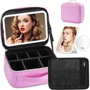 Omobolanle Makeup Bag with Mirror Led Light Detachable Portable Make up Travel Train Case with Adjustable Dividers and 10x Magnifying Mirror Pink