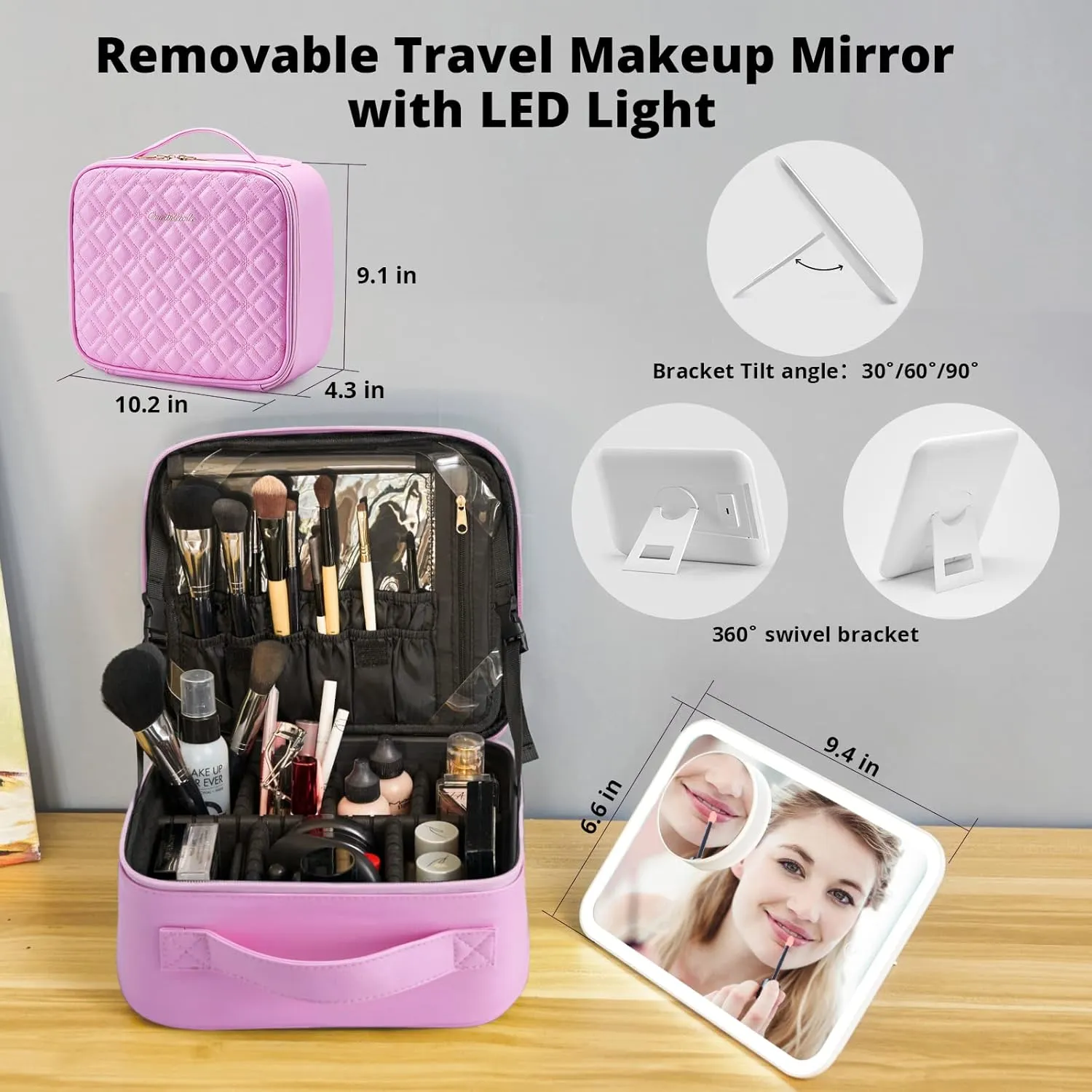 Omobolanle Makeup Bag with Mirror Led Light Detachable Portable Make up Travel Train Case with Adjustable Dividers and 10x Magnifying Mirror Pink