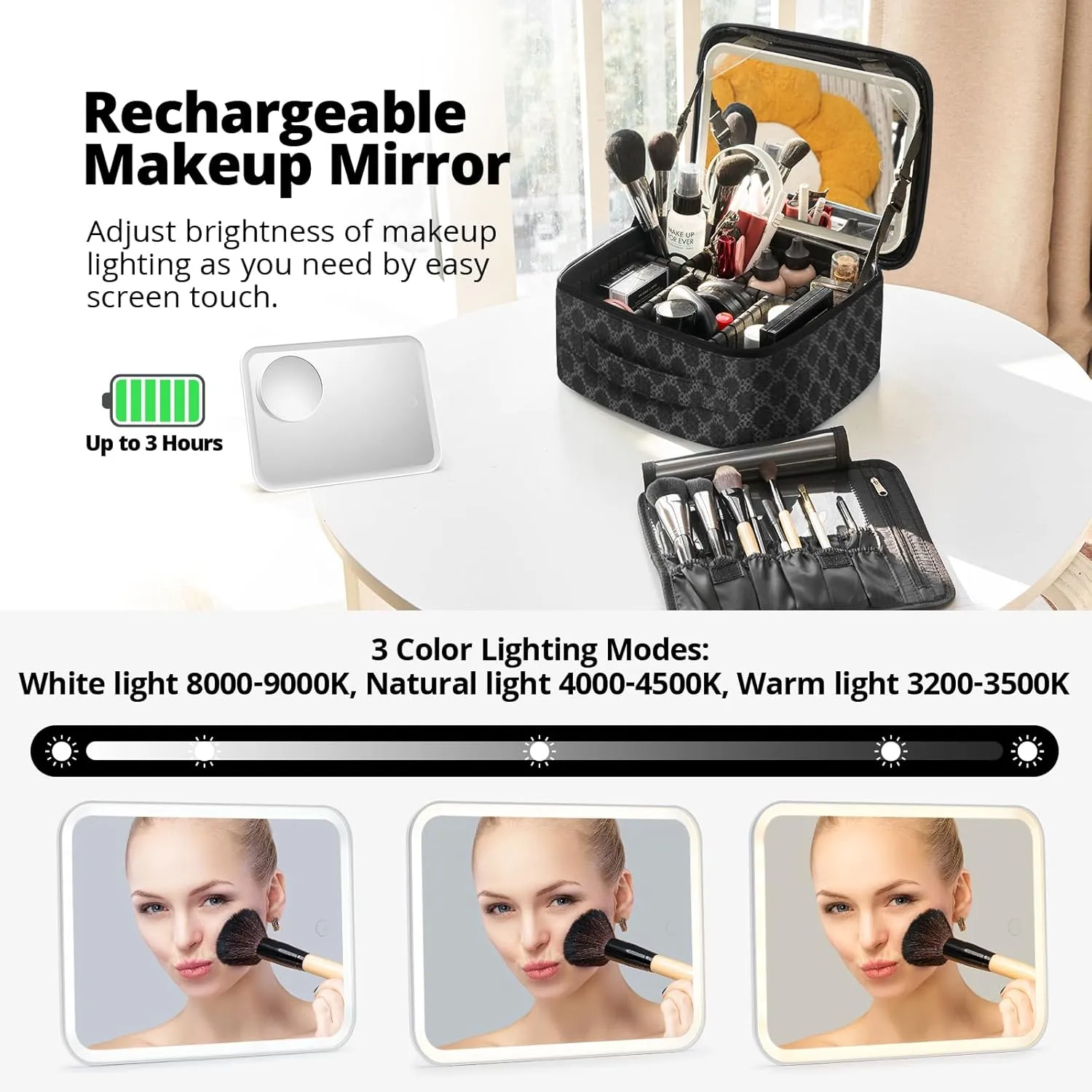 Omobolanle Makeup Bag with Mirror Led Light Detachable Portable Makeup Organizer Travel Cosmetic Train Case with Dividers and 10x Magnifying Mirror Cosmetic Toiletry Bag Black/Grey