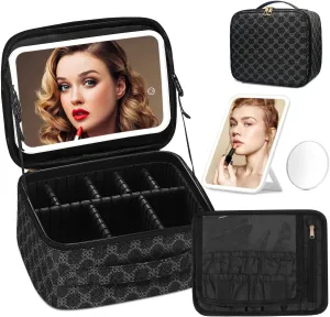 Omobolanle Makeup Bag with Mirror Led Light Detachable Portable Makeup Organizer Travel Cosmetic Train Case with Dividers and 10x Magnifying Mirror Cosmetic Toiletry Bag Black/Grey
