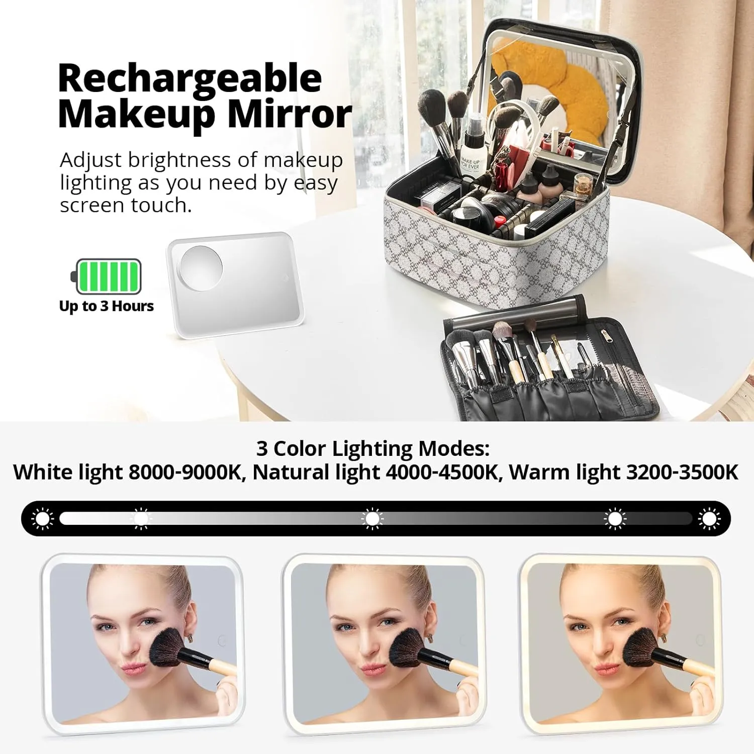 Omobolanle Makeup Bag with Mirror Led Light Detachable Portable Makeup Organizer Travel Train Case with Adjustable Dividers and 10x Magnifying Mirror Cosmetic Toiletry Bag White/Grey