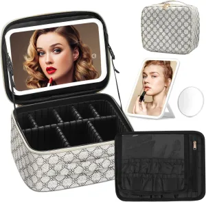 Omobolanle Makeup Bag with Mirror Led Light Detachable Portable Makeup Organizer Travel Train Case with Adjustable Dividers and 10x Magnifying Mirror Cosmetic Toiletry Bag White/Grey