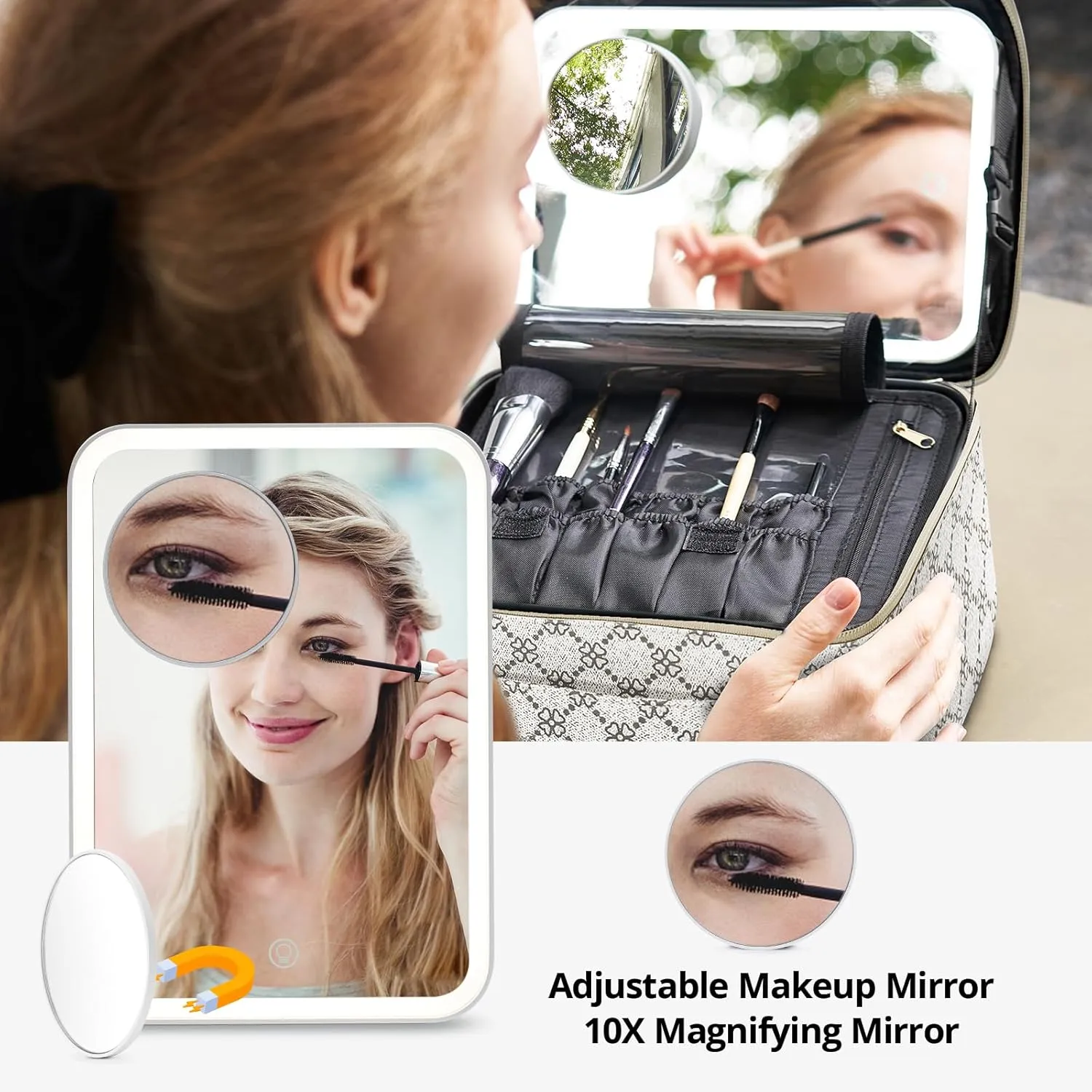 Omobolanle Makeup Bag with Mirror Led Light Detachable Portable Makeup Organizer Travel Train Case with Adjustable Dividers and 10x Magnifying Mirror Cosmetic Toiletry Bag White/Grey
