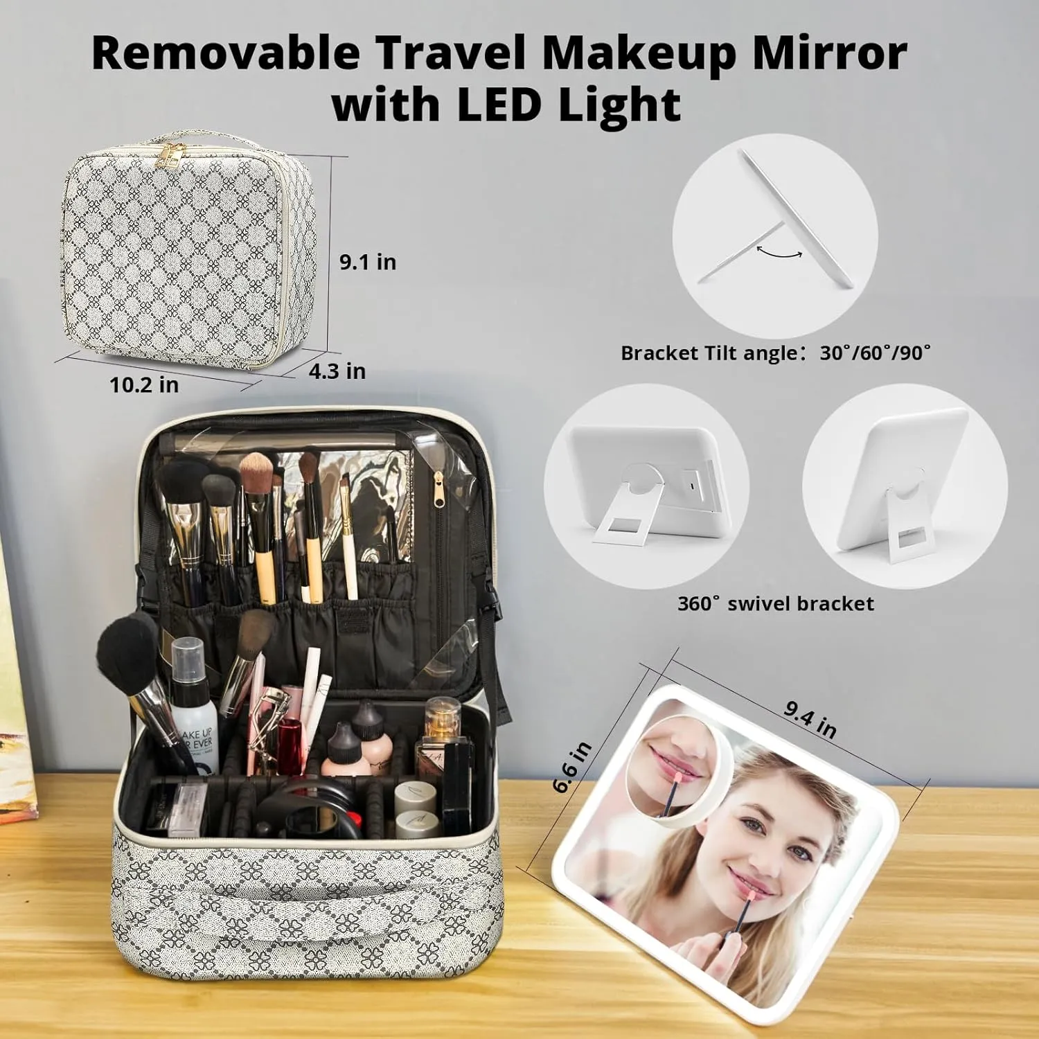 Omobolanle Makeup Bag with Mirror Led Light Detachable Portable Makeup Organizer Travel Train Case with Adjustable Dividers and 10x Magnifying Mirror Cosmetic Toiletry Bag White/Grey