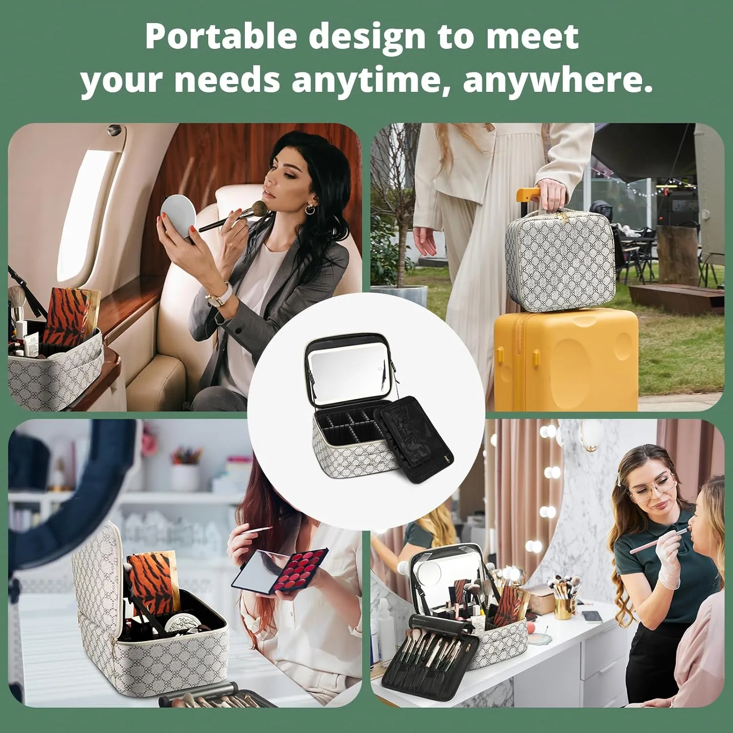 Omobolanle Makeup Bag with Mirror Led Light Detachable Portable Makeup Organizer Travel Train Case with Adjustable Dividers and 10x Magnifying Mirror Cosmetic Toiletry Bag White/Grey
