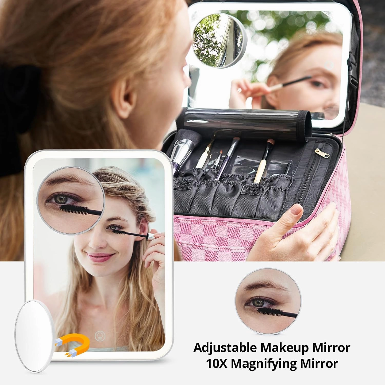 Omobolanle Makeup Bag with Mirror Led Light Detachable Portable Makeup Organizer Travel Cosmetic Train Case with Dividers and 10x Magnifying Mirror Cosmetic Toiletry Bag Pink/White