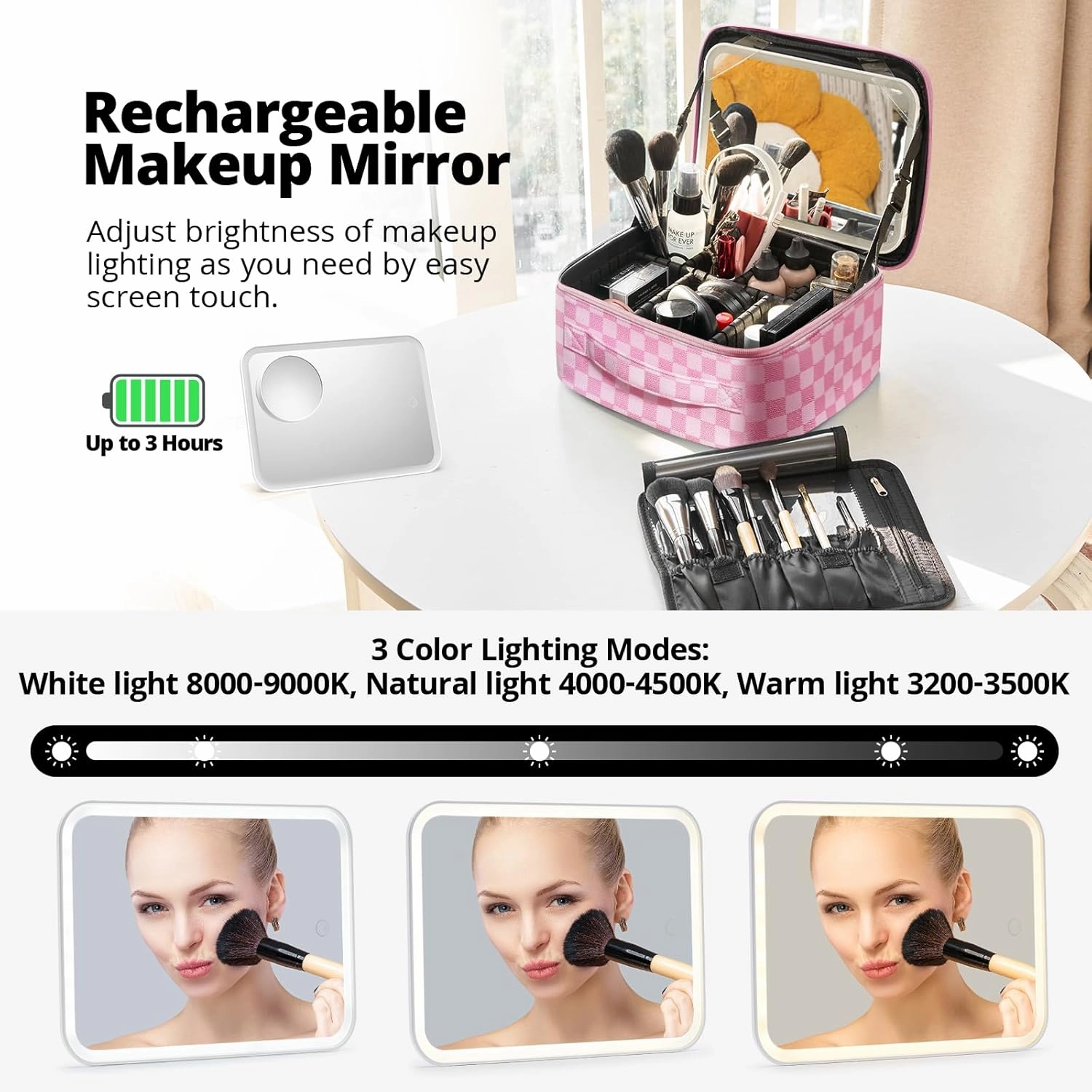 Omobolanle Makeup Bag with Mirror Led Light Detachable Portable Makeup Organizer Travel Cosmetic Train Case with Dividers and 10x Magnifying Mirror Cosmetic Toiletry Bag Pink/White