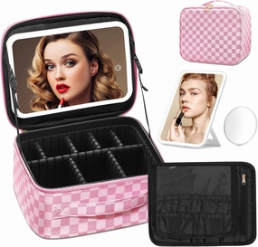 Omobolanle Makeup Bag with Mirror Led Light Detachable Portable Makeup Organizer Travel Cosmetic Train Case with Dividers and 10x Magnifying Mirror Cosmetic Toiletry Bag Pink/White