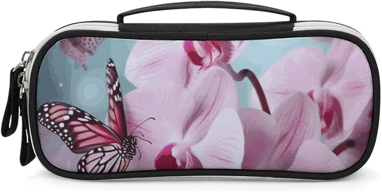 Orchid Flower Butterfly Leather Makeup Bag Portable Small Cosmetic Organizer Waterproof Toiletry Bags Brushes Pencils And Travel Make Up Accessories