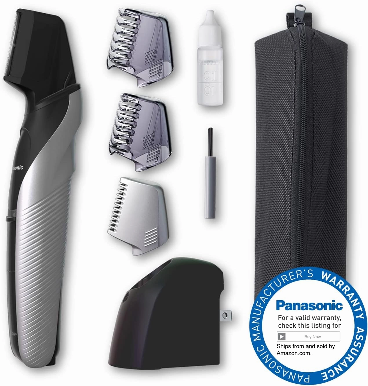 Panasonic Electric Body Hair Trimmer and Groomer for Men ER-GK60-S, Cordless, Wet/Dry with 3 Comb Attachments, Washable