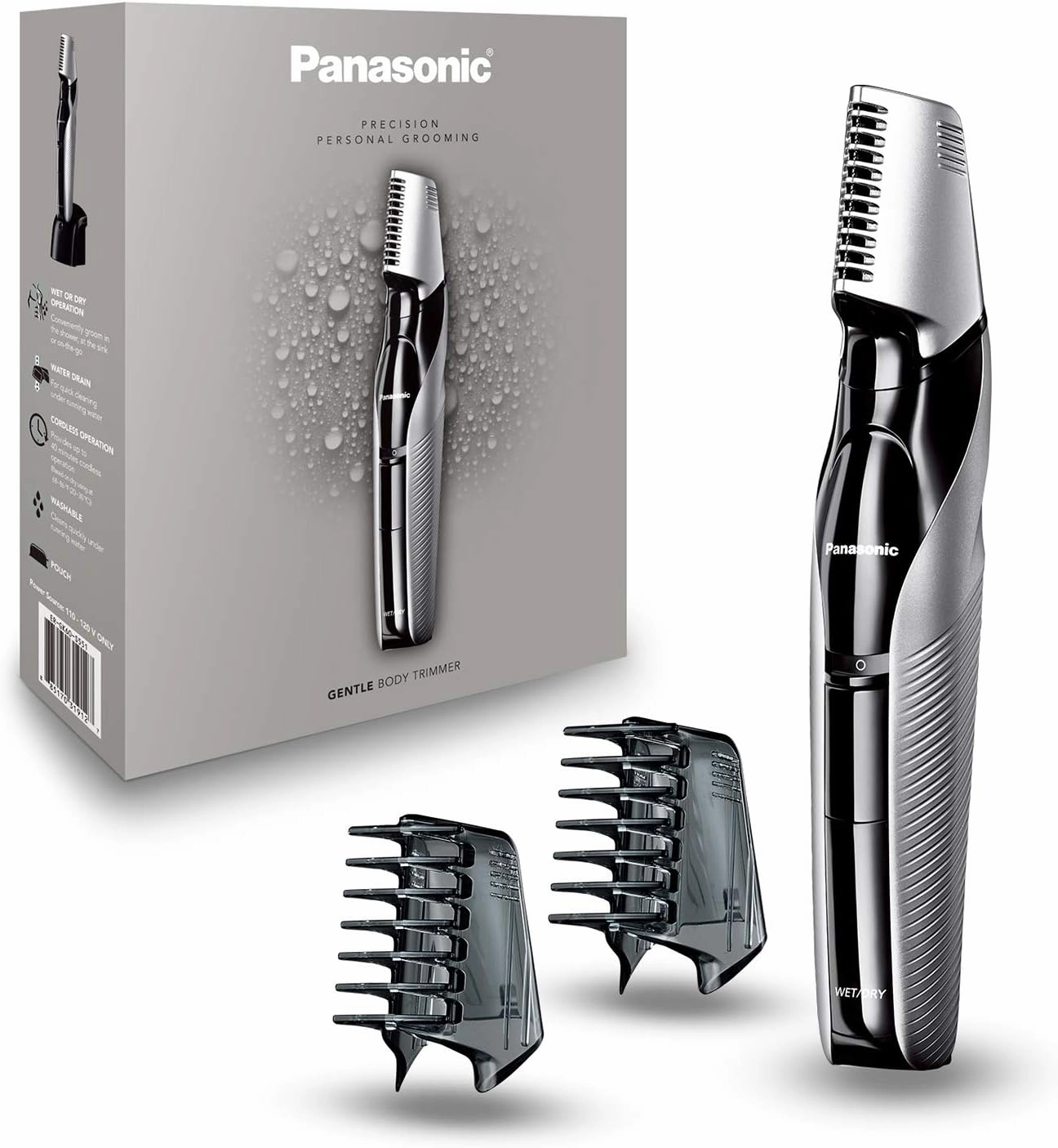 Panasonic Electric Body Hair Trimmer and Groomer for Men ER-GK60-S, Cordless, Wet/Dry with 3 Comb Attachments, Washable