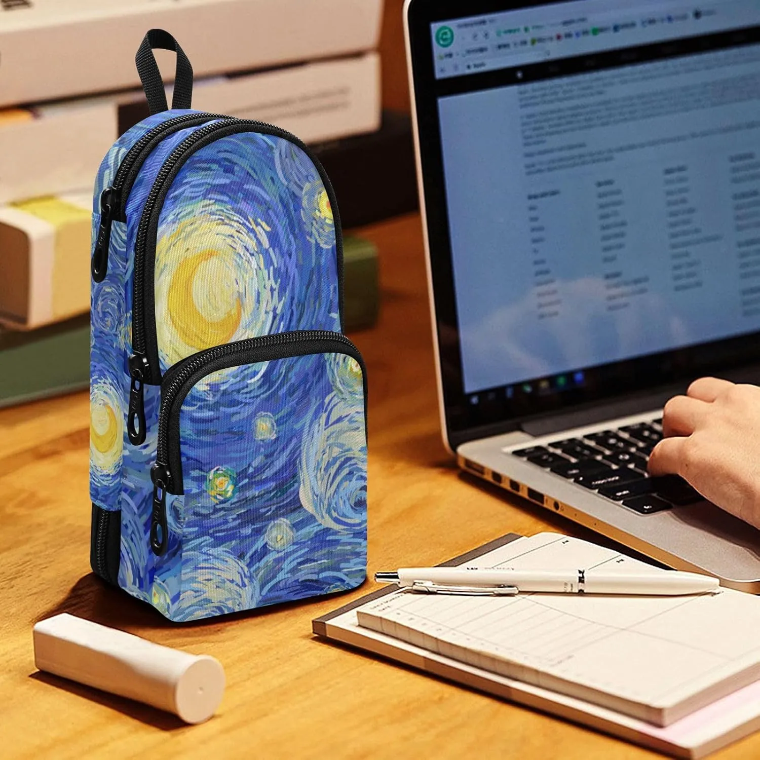 Pencil Case Big Capacity Oil Painting Starry Night Handheld Pencil Pouch Portable Large Storage Canvas Pencil Bag for Boys Girls Adults Students
