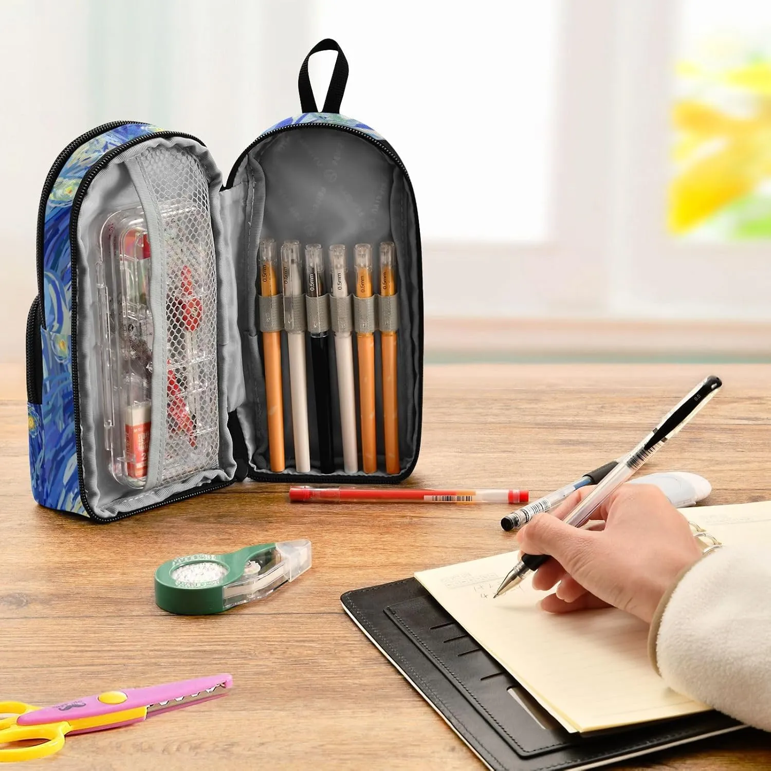 Pencil Case Big Capacity Oil Painting Starry Night Handheld Pencil Pouch Portable Large Storage Canvas Pencil Bag for Boys Girls Adults Students