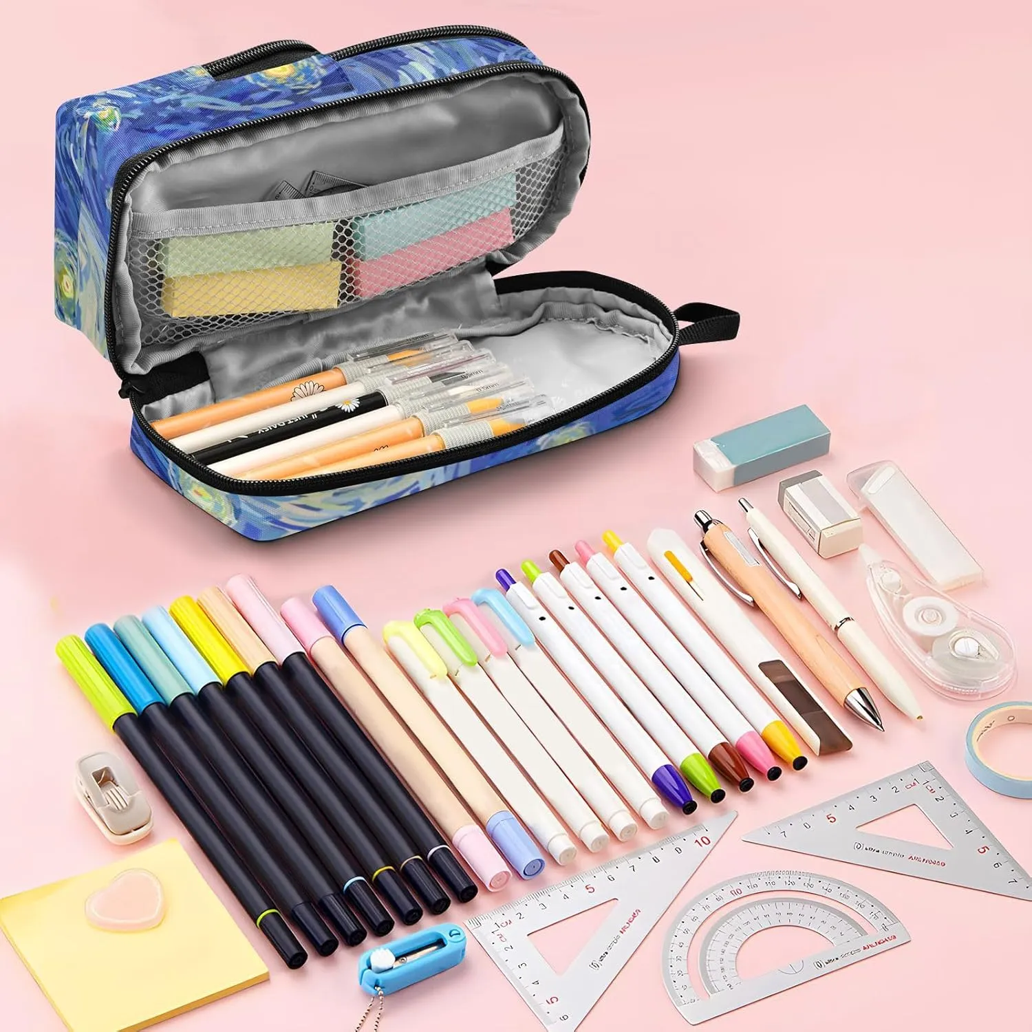 Pencil Case Big Capacity Oil Painting Starry Night Handheld Pencil Pouch Portable Large Storage Canvas Pencil Bag for Boys Girls Adults Students
