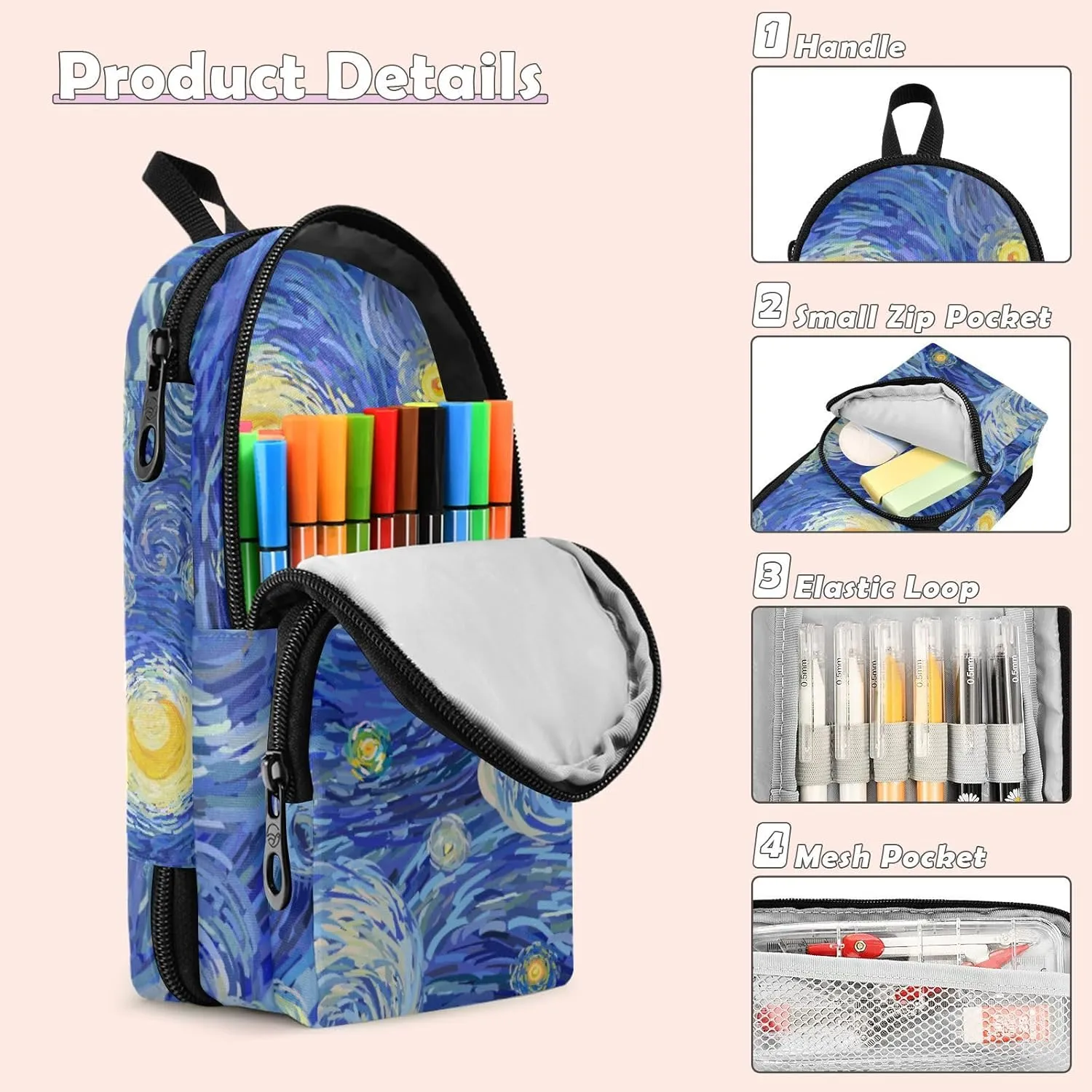 Pencil Case Big Capacity Oil Painting Starry Night Handheld Pencil Pouch Portable Large Storage Canvas Pencil Bag for Boys Girls Adults Students