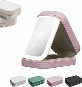 Periodicali Travel Makeup Mirror, LED Three-Color Adjustable Makeup Mirror, Leather Foldable Jewelry and Cosmetics Storage Box, Storage with Dividers, Makeup Case with LED Lighted (Pink)