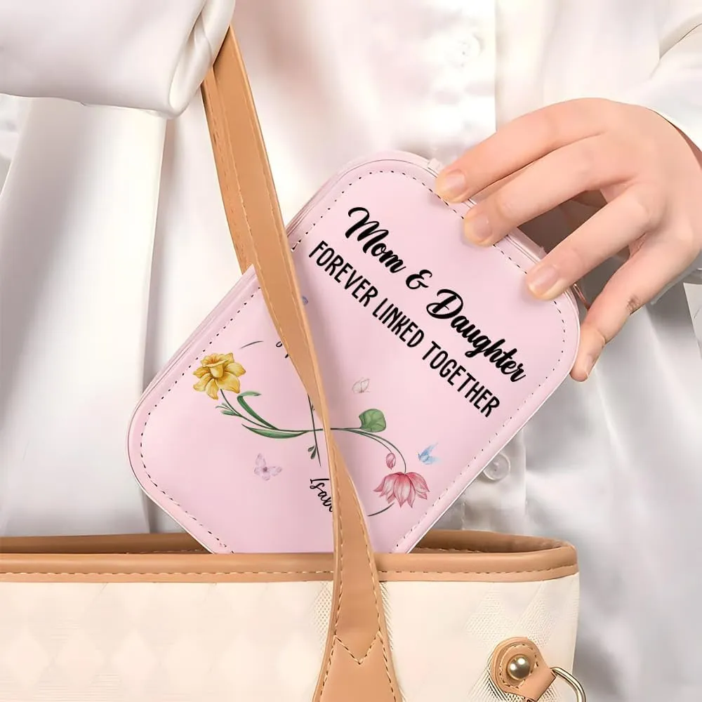 Personalized Forever Linked Together Makeup Bag With LED Mirror Leather, Custom Name Makeup Organizer Portable Jewelry Organizer Case Valentine's, Birthday, Christmas Gifts for Mother