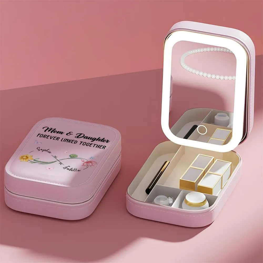 Personalized Forever Linked Together Makeup Bag With LED Mirror Leather, Custom Name Makeup Organizer Portable Jewelry Organizer Case Valentine's, Birthday, Christmas Gifts for Mother