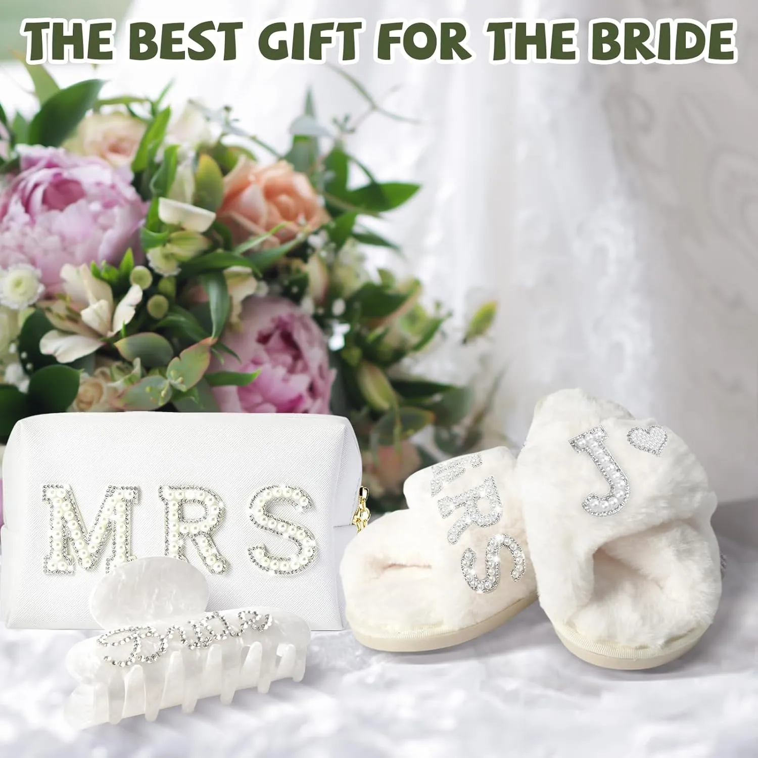 Personalized Initial Letter J Wedding Bride Slippers, Bride to Be Gifts, Bridal Shower Gifts, Bride Hair Clip MRS Makeup Bag