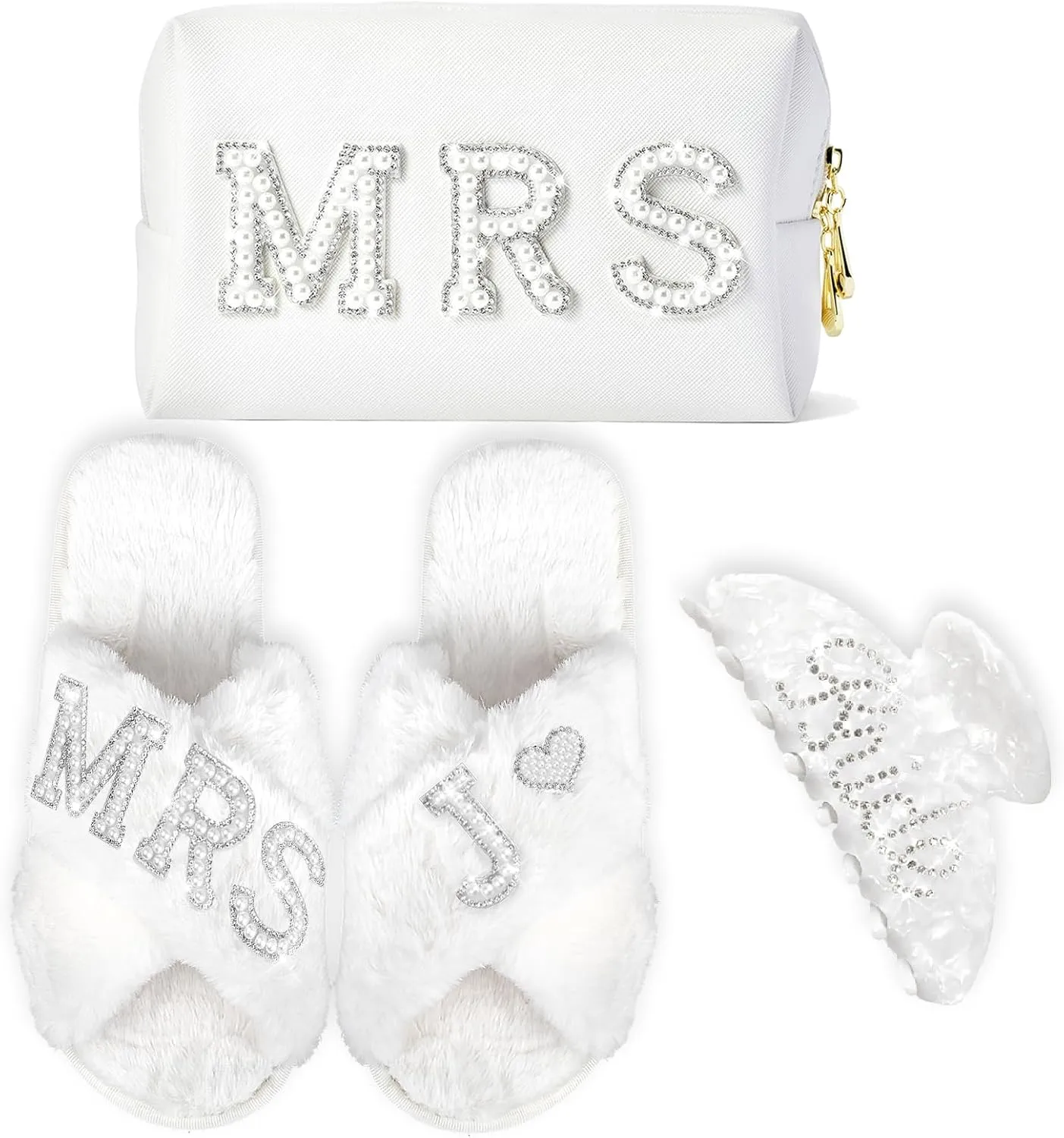 Personalized Initial Letter J Wedding Bride Slippers, Bride to Be Gifts, Bridal Shower Gifts, Bride Hair Clip MRS Makeup Bag