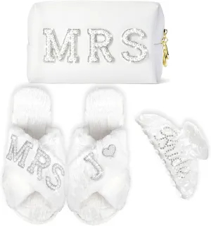 Personalized Initial Letter J Wedding Bride Slippers, Bride to Be Gifts, Bridal Shower Gifts, Bride Hair Clip MRS Makeup Bag