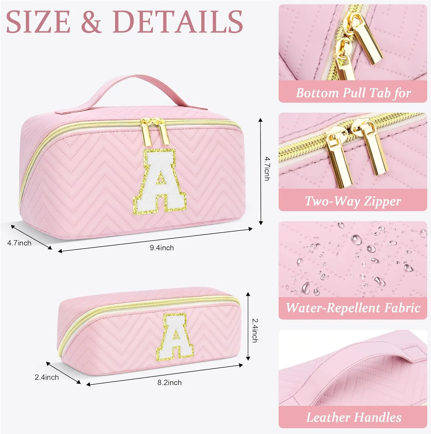 Personalized Initial Pink Makeup Bag | Trendy Large Capacity Cosmetic Bags Travel Toiletry Bag Teen Girls Women Girlfriend Teacher Gifts, Birthday Gifts Leather Waterproof Cute Makeup Bag Organizer C