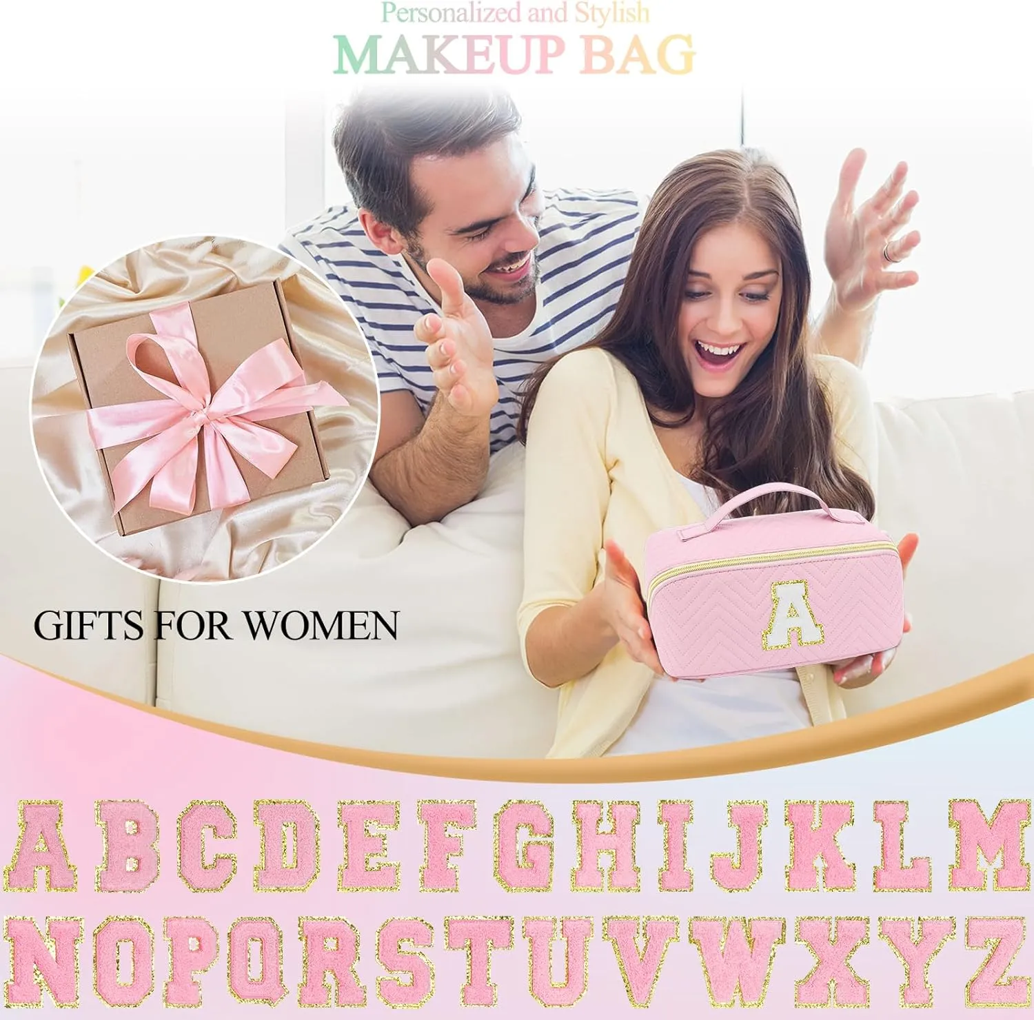 Personalized Initial Pink Makeup Bag | Trendy Large Capacity Cosmetic Bags Travel Toiletry Bag Teen Girls Women Girlfriend Teacher Gifts, Birthday Gifts Leather Waterproof Cute Makeup Bag Organizer C