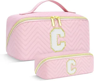 Personalized Initial Pink Makeup Bag | Trendy Large Capacity Cosmetic Bags Travel Toiletry Bag Teen Girls Women Girlfriend Teacher Gifts, Birthday Gifts Leather Waterproof Cute Makeup Bag Organizer C
