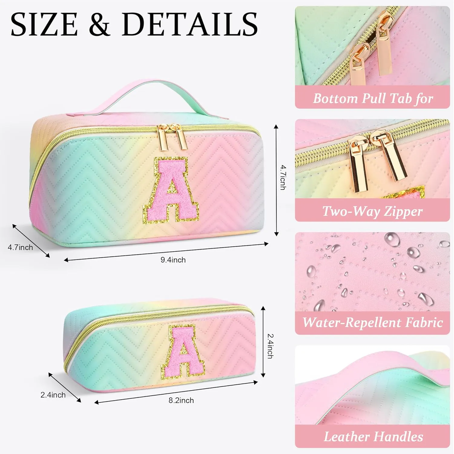 Personalized Initial Travel Makeup Bag | Trendy Girls Make up bags, Large Capacity Colorful Cosmetic Bag Organizer for Women, Leather Waterproof Open Flat Toiletry Bags for Teen friends Gifts - S