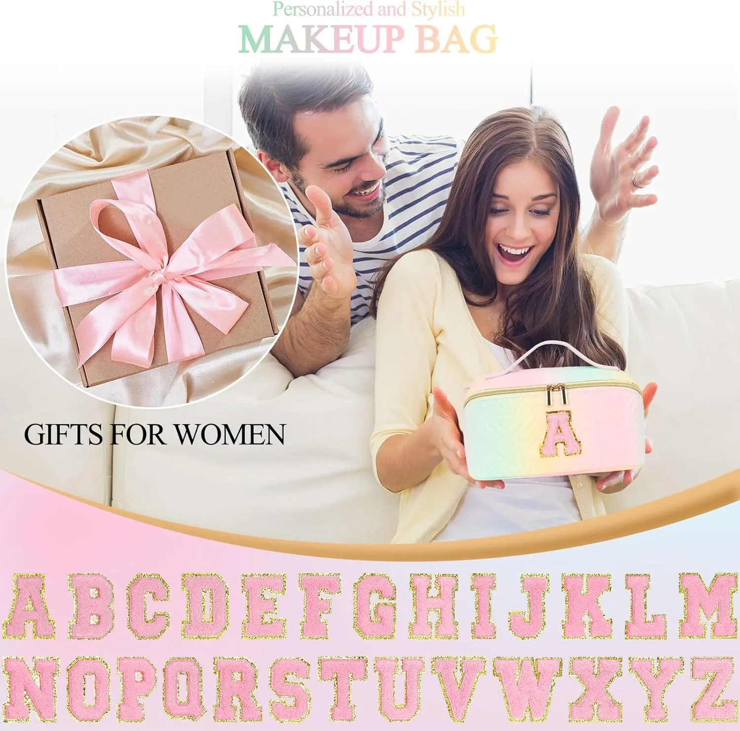 Personalized Initial Travel Makeup Bag | Trendy Girls Make up bags, Large Capacity Colorful Cosmetic Bag Organizer for Women, Leather Waterproof Open Flat Toiletry Bags for Teen friends Gifts - S