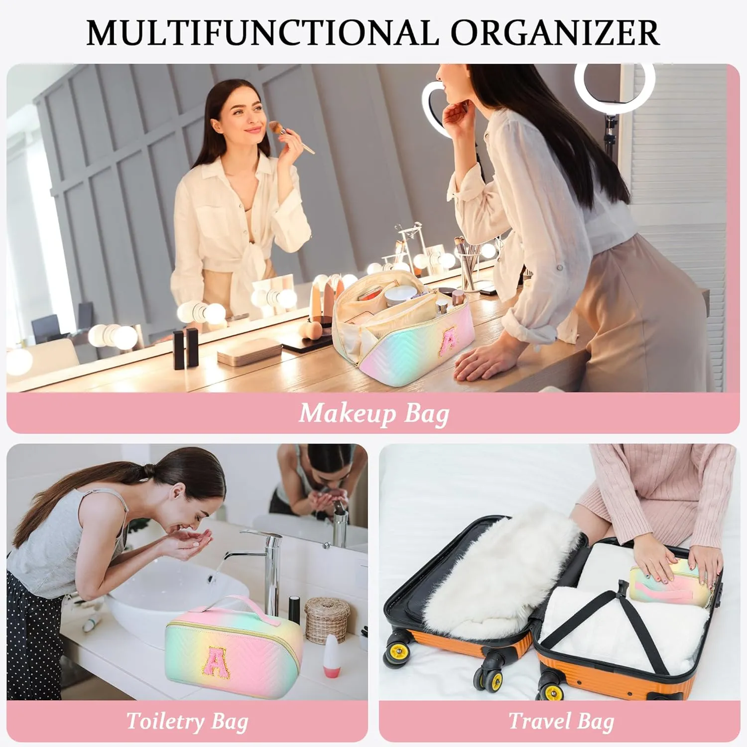 Personalized Initial Travel Makeup Bag | Trendy Girls Make up bags, Large Capacity Colorful Cosmetic Bag Organizer for Women, Leather Waterproof Open Flat Toiletry Bags for Teen friends Gifts - S