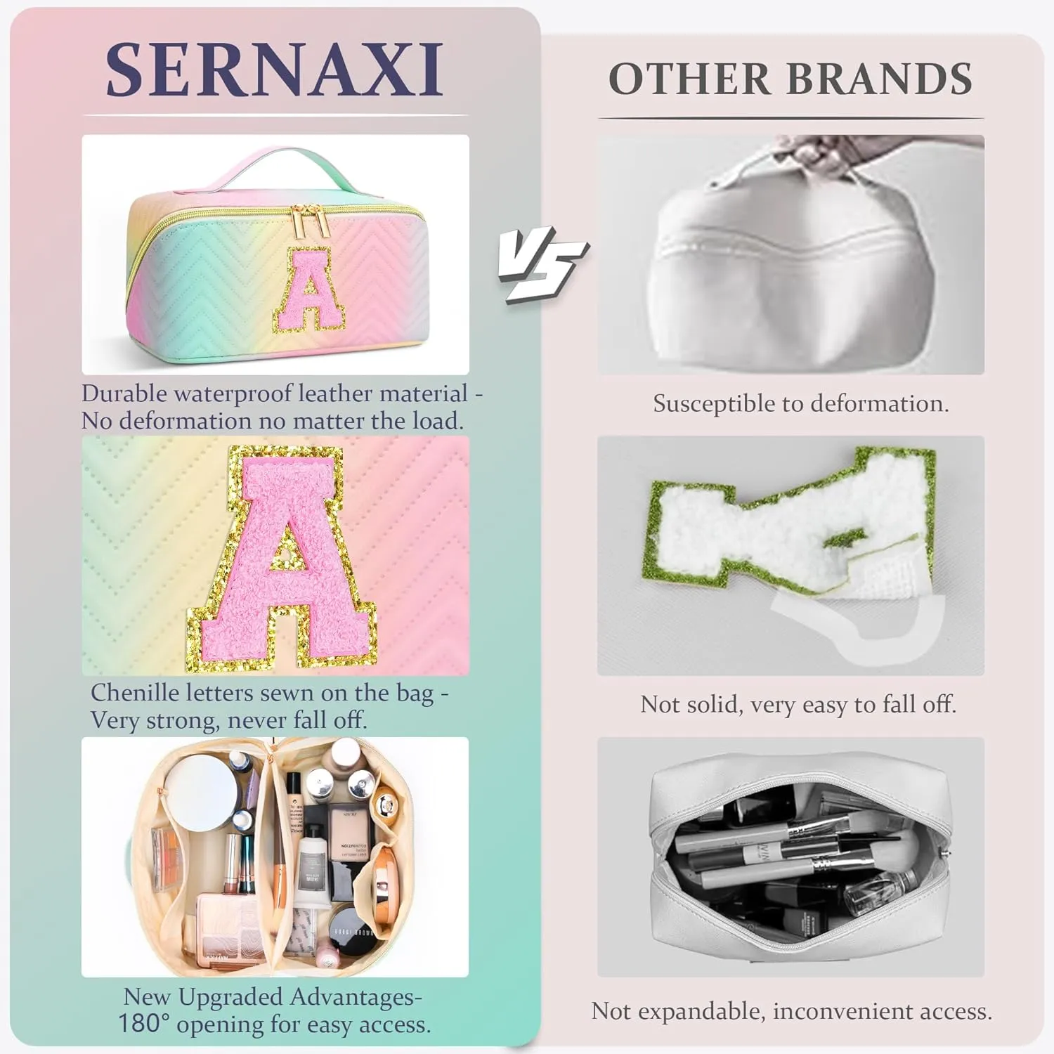 Personalized Initial Travel Makeup Bag | Trendy Girls Make up bags, Large Capacity Colorful Cosmetic Bag Organizer for Women, Leather Waterproof Open Flat Toiletry Bags for Teen friends Gifts - S