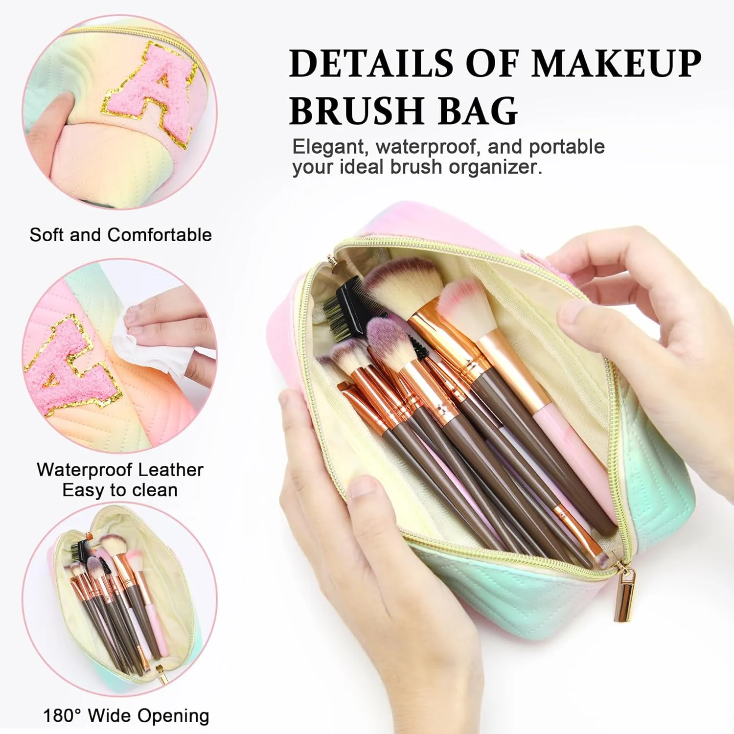 Personalized Initial Travel Makeup Bag | Trendy Girls Make up bags, Large Capacity Colorful Cosmetic Bag Organizer for Women, Leather Waterproof Open Flat Toiletry Bags for Teen friends Gifts - S