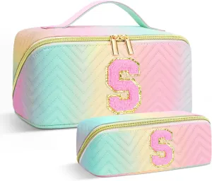 Personalized Initial Travel Makeup Bag | Trendy Girls Make up bags, Large Capacity Colorful Cosmetic Bag Organizer for Women, Leather Waterproof Open Flat Toiletry Bags for Teen friends Gifts - S