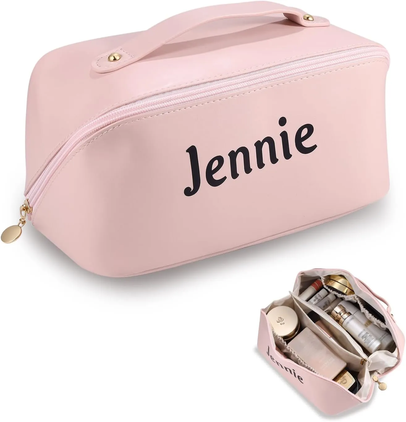 Personalized Leather Cosmetic Case for Women - Custom Name Travel Makeup Bag Portable Toiletry Organizer Gift for Mom Wife Grandma Sister Daughter Christmas Anniversary