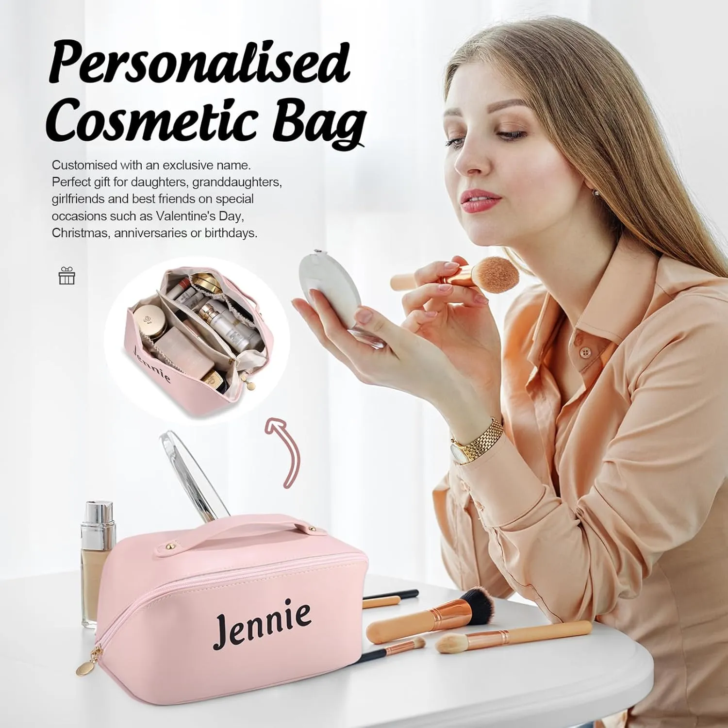 Personalized Leather Cosmetic Case for Women - Custom Name Travel Makeup Bag Portable Toiletry Organizer Gift for Mom Wife Grandma Sister Daughter Christmas Anniversary