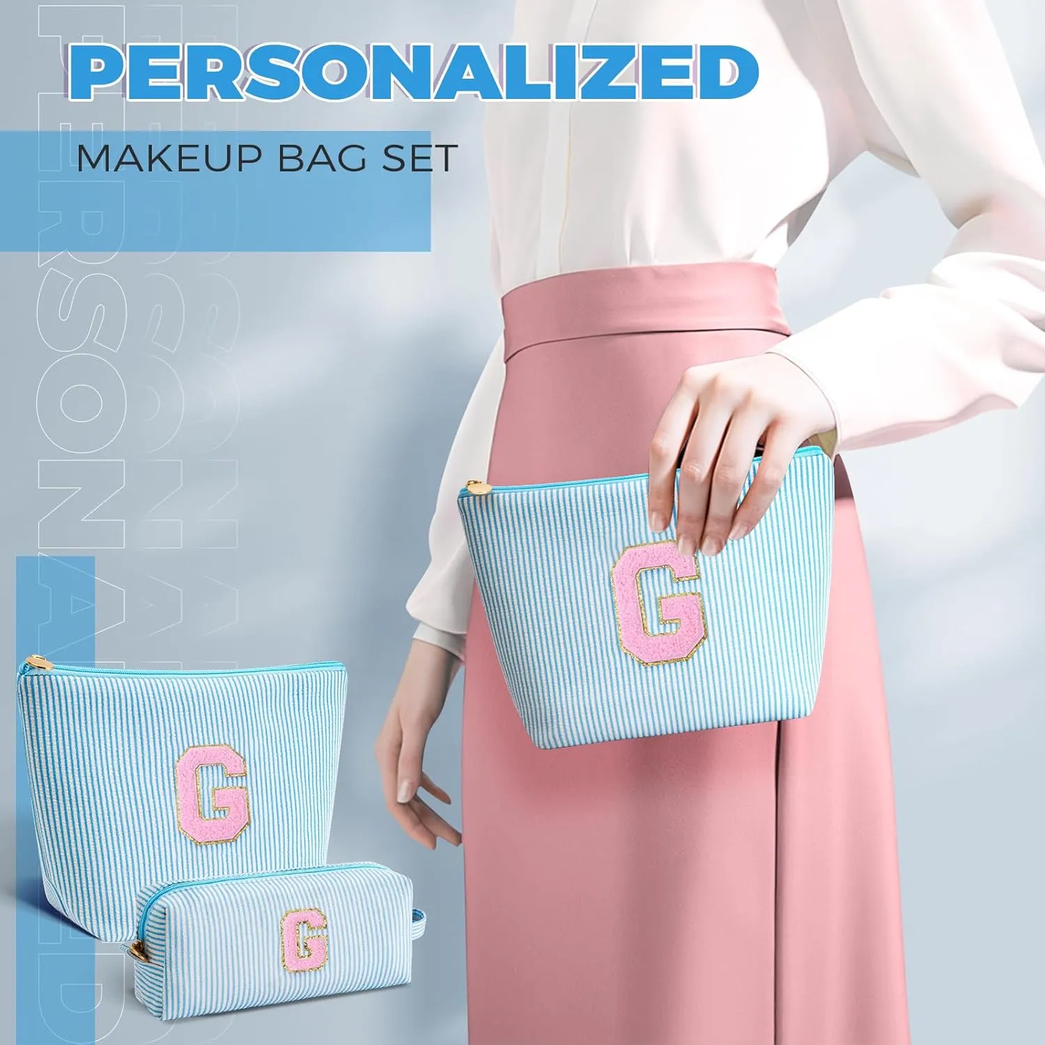 Personalized Makeup Bag for Women Girls - Fashion Cosmetic Bag Trendy Travel Toiletry Bag with Initials Letter - Teen Gifts - Blue,G