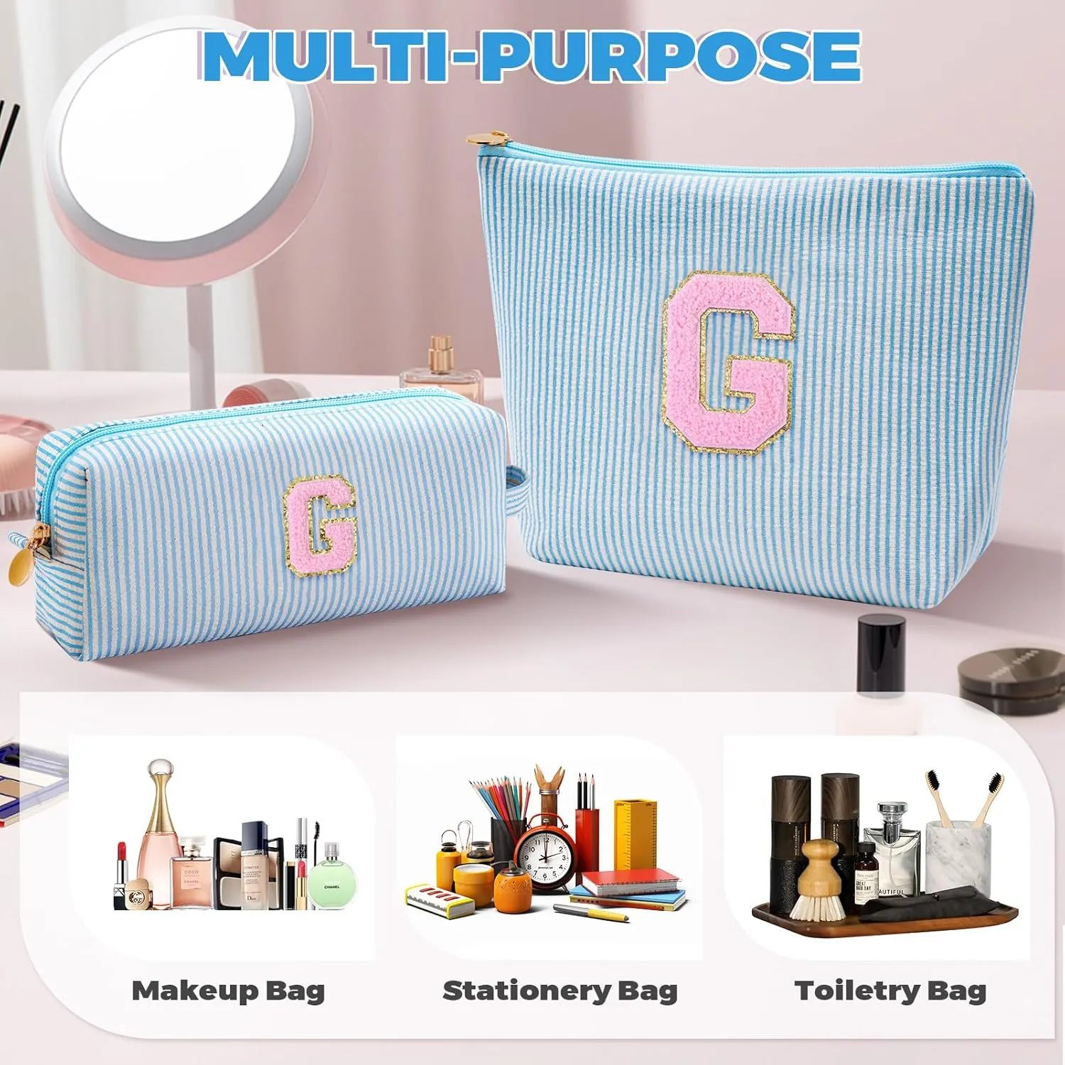 Personalized Makeup Bag for Women Girls - Fashion Cosmetic Bag Trendy Travel Toiletry Bag with Initials Letter - Teen Gifts - Blue,G