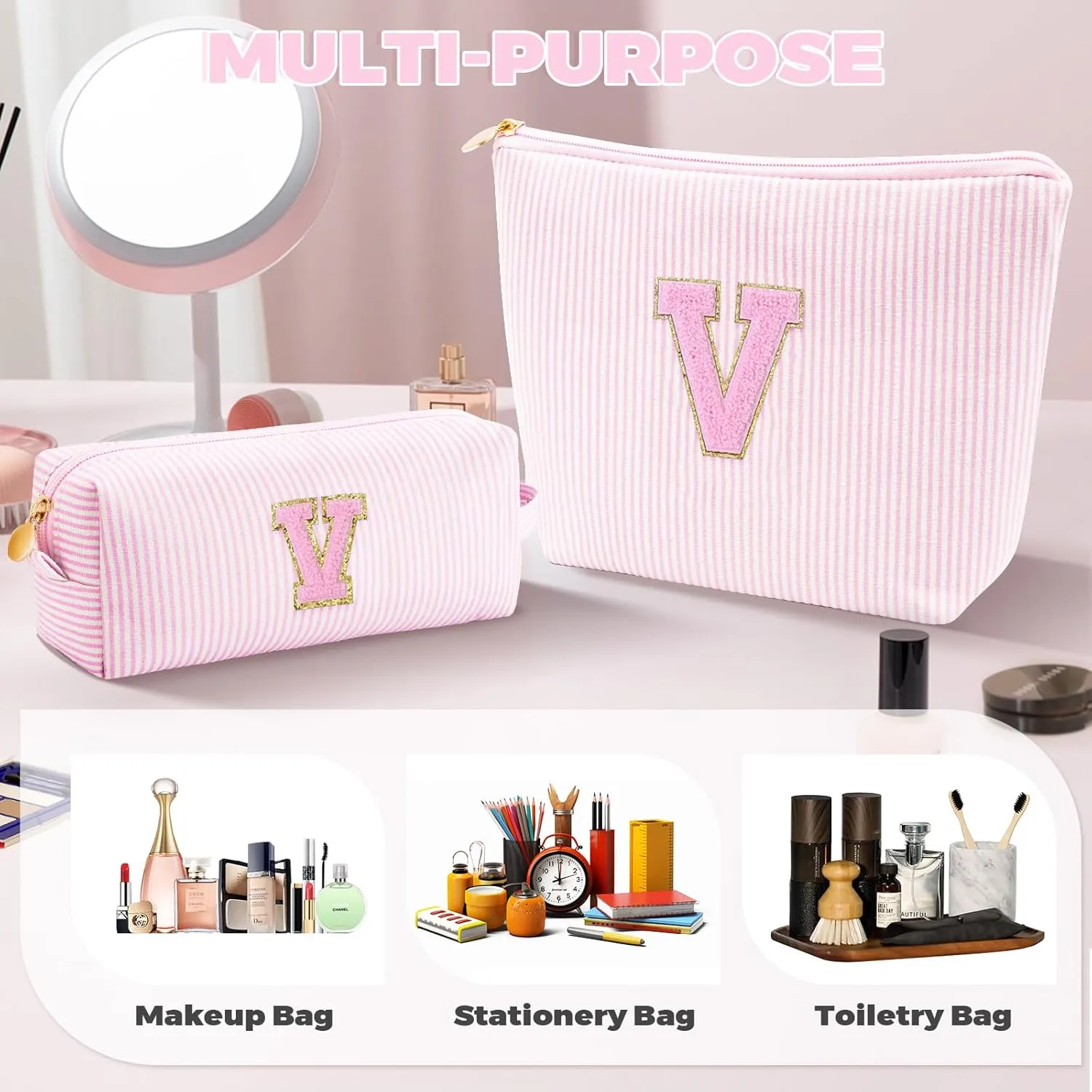 Personalized Makeup Bag for Women Girls - Fashion Cosmetic Bag Trendy Travel Toiletry Bag with Initials Letter - Teen Gifts - Pink,V