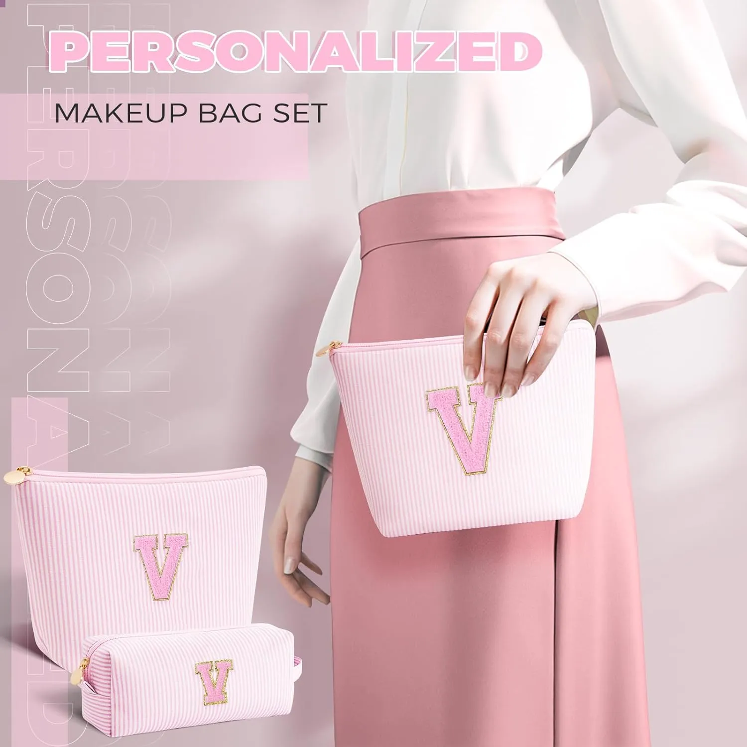 Personalized Makeup Bag for Women Girls - Fashion Cosmetic Bag Trendy Travel Toiletry Bag with Initials Letter - Teen Gifts - Pink,V