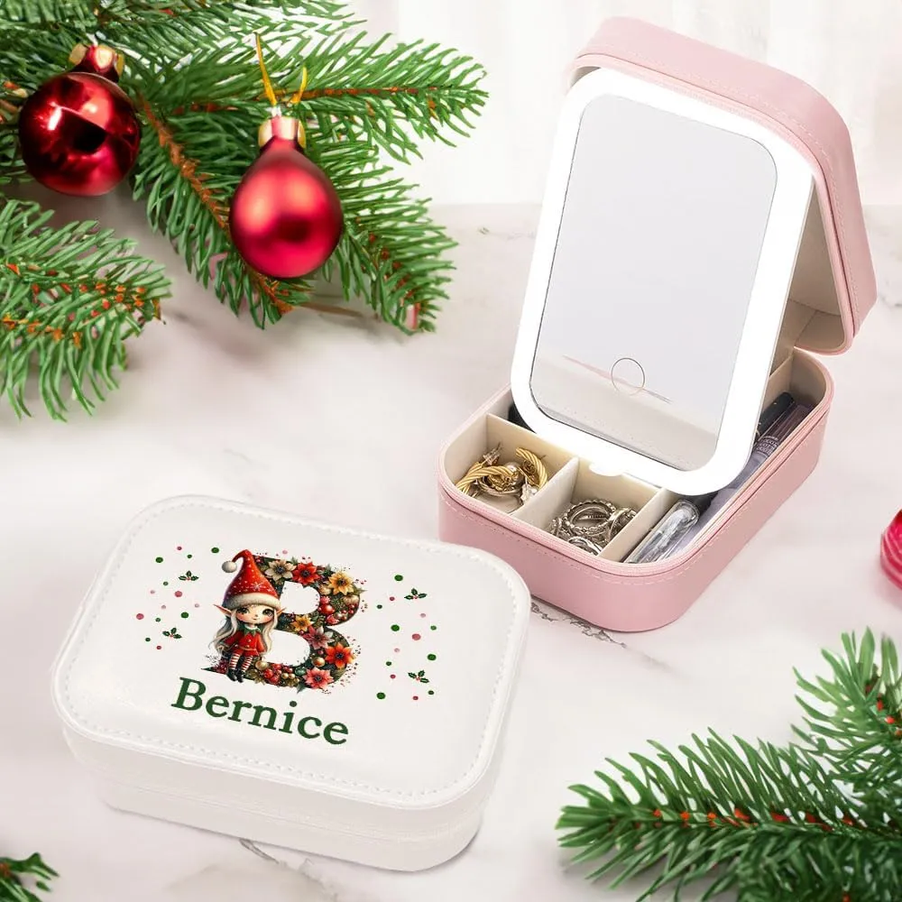 Personalized Portable Leather Jewelry Box with Name and LED Three-color Adjustable Makeup Mirror Travel Essential Birthday Gift for Women