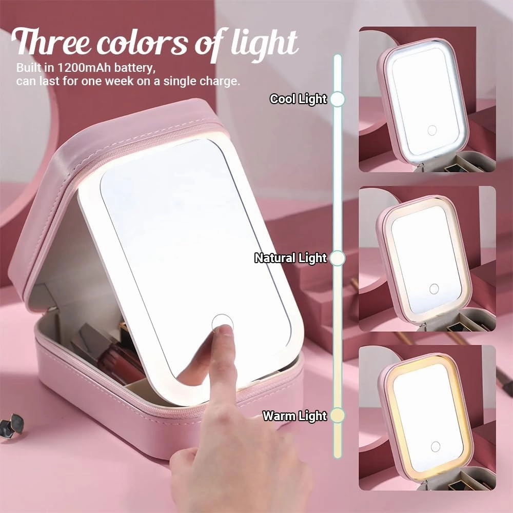 Personalized Birth Month Flower Makeup Bag With LED Mirror Leather, Custom Name Makeup Organizer Portable Jewelry Organizer Case Valentine's, Birthday, Christmas Gifts for Women, Daughter, Mother