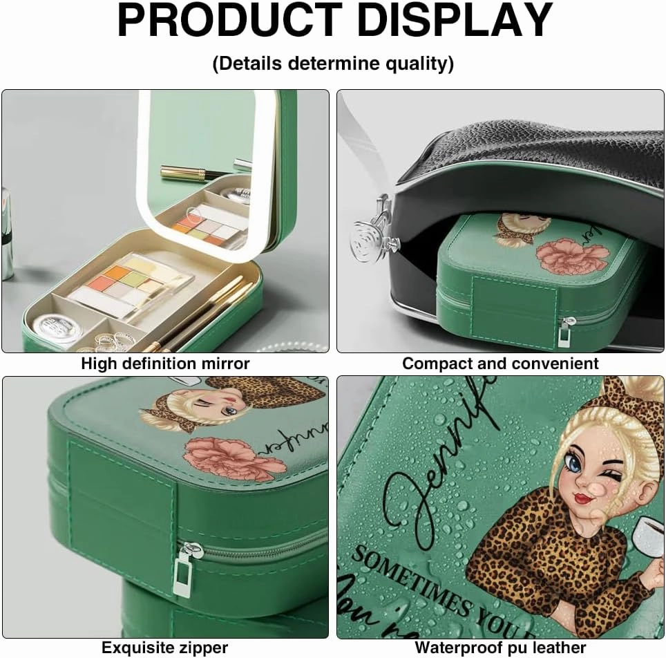 Personalized Birth Month Flower Makeup Bag With LED Mirror Leather, Custom Name Makeup Organizer Portable Jewelry Organizer Case Valentine's, Birthday, Christmas Gifts for Women, Daughter, Mother