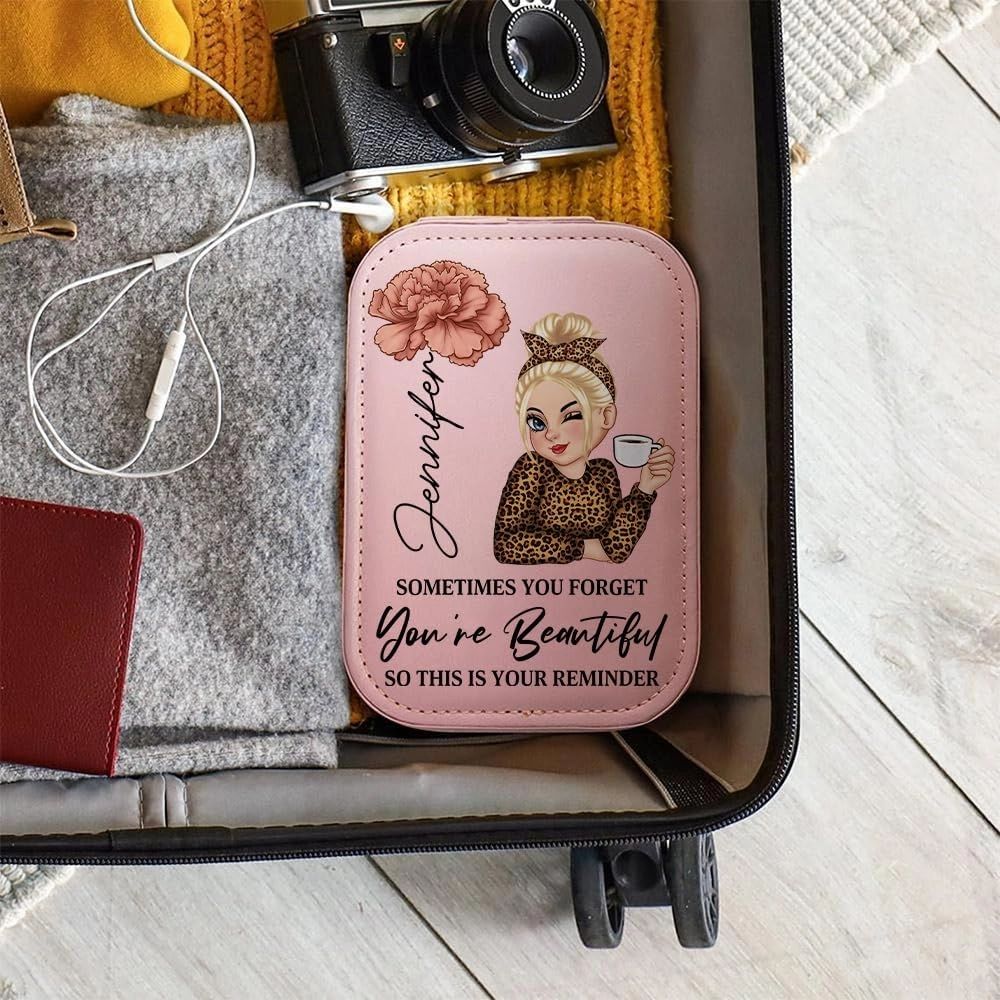 Personalized Birth Month Flower Makeup Bag With LED Mirror Leather, Custom Name Makeup Organizer Portable Jewelry Organizer Case Valentine's, Birthday, Christmas Gifts for Women, Daughter, Mother