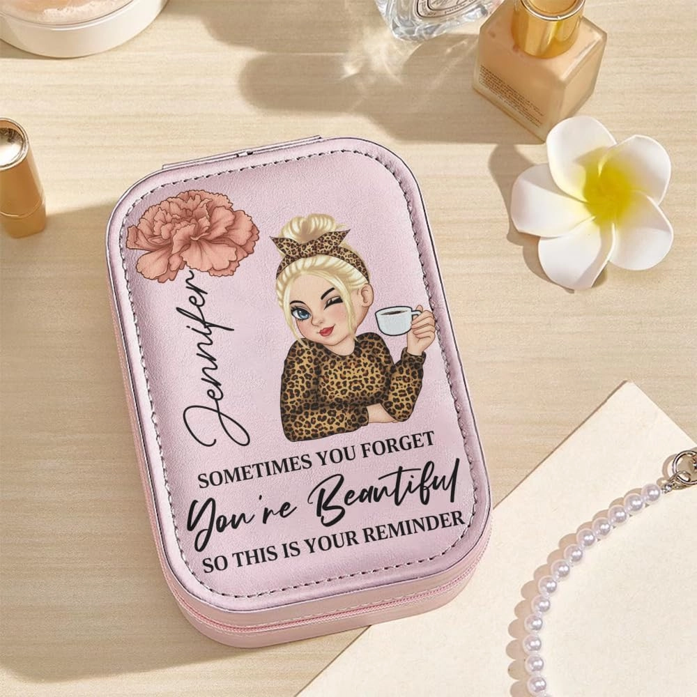 Personalized Birth Month Flower Makeup Bag With LED Mirror Leather, Custom Name Makeup Organizer Portable Jewelry Organizer Case Valentine's, Birthday, Christmas Gifts for Women, Daughter, Mother