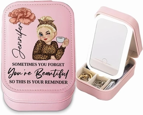 Personalized Birth Month Flower Makeup Bag With LED Mirror Leather, Custom Name Makeup Organizer Portable Jewelry Organizer Case Valentine's, Birthday, Christmas Gifts for Women, Daughter, Mother